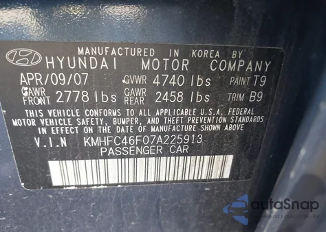 2007 Hyundai Azera Limited/Se из США, поврежденный, VIN KMHFC46F07A225913